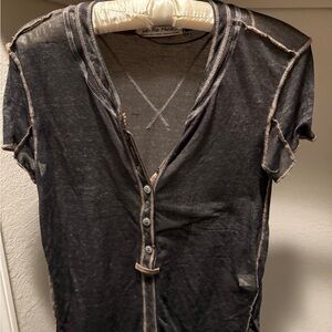 Free People, Black Sheer Short Sleeve Button-Up Top